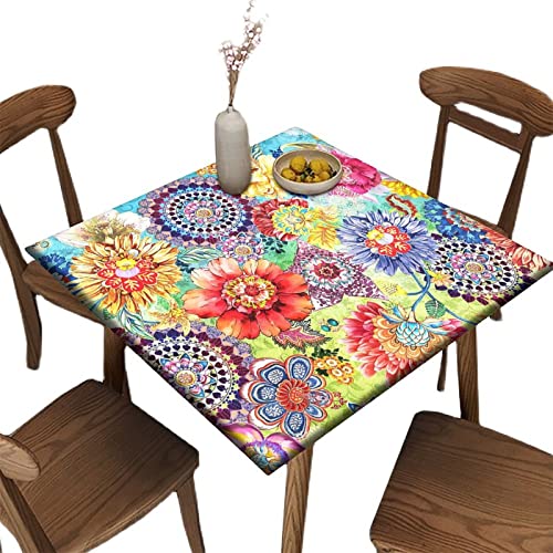 Fitted Square Tablecloth, Floral Boho Colorful Bohemian Washable Spill Proof Polyester Table Cloth, For Indoor Holiday Family Banquet And Outdoor Patio Use, Fit For 36" X 36"Square Table #TOP26