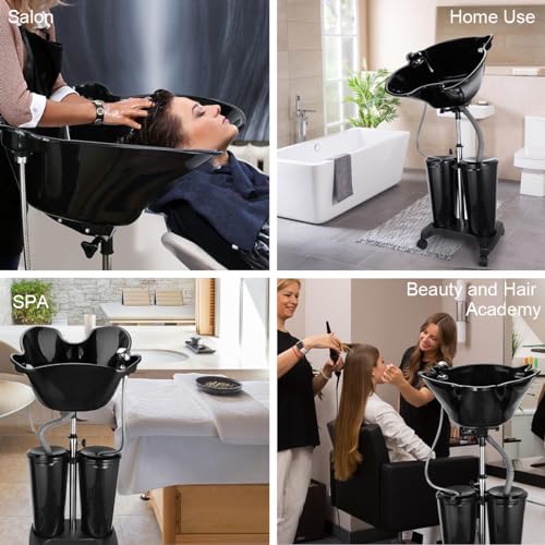 Xtsuen Mobiles Waschbecken Friseur Höhenverstellbar Haarwaschbecken mit elektrischer Pumpe mit 2-Eimer und Abflussschläuche, Tragbares Salonbecken Tiefes Shampoo für Zuhause Salon Friseursalon