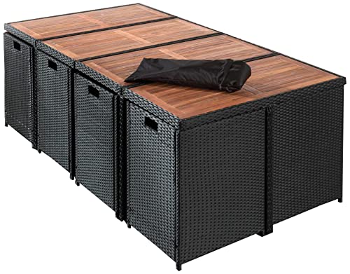 Best Mobilier - Salon de Jardin Encastrable Noir Cuba - en Résine Tressée à la Main - Plateau en Bois - avec Housse de Protection - Coussins Déhoussables Gris - 12 Places