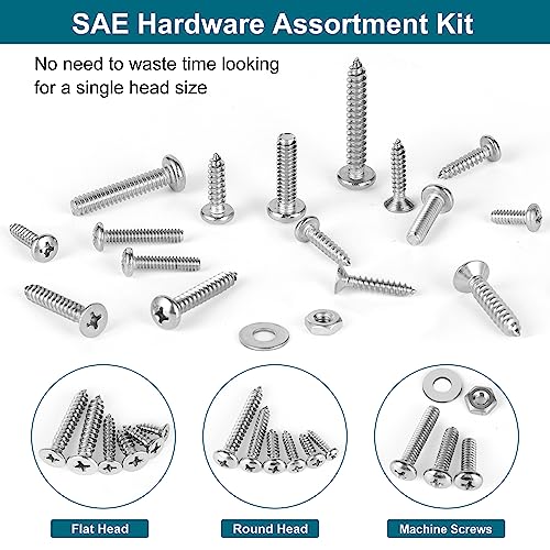 845pcs Trousse d'assortiment de matériel en acier inoxydable, no6-32#8-32 #10-24 SAE Kit d'assortiment de vis de machine Bouchons Nuts Winders+Vis auto-tappantes pour métal, vis de tôle auto-perceuse(495pcs+350pcs)