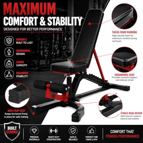 Image of Adjustable Workout Bench for Home Gym | Multifunctional Incline Decline Bench with Preacher Curl Pad & Leg Support | Full Body Strength Training Bench for Men & Women (Black & Red)