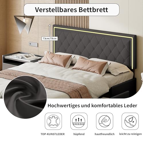 DULRLLY Bett mit Stauraum, 140x200 Polsterbett mit 4 Schubladen und LED-Kopfteil, Doppelbett Bettgestell mit Lattenrost, Jugendbett Funktionsbett Stauraumbetten Rückenlehne Bett, Dunkelgrau(PU) – Bild 6