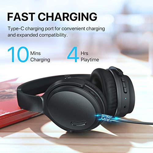 HROEENOI Active Noise Cancelling Headphones, JZ02 Bluetooth Headphones, Wireless Over Ear Headphones with CVC 8.0 Microphone Deep Bass Headset, 40 Hours Playtime for Travel Work TV Phone - Black - Thumbnail 4