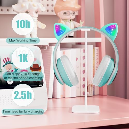 Image of Bluetooth Headphones for Kids, Cute Ear Cat Ear LED Light Up Foldable Headphones Stereo Over Ear with Microphone /TF Card Wireless Headphone for iPhone /iPad /Smartphone /Laptop /PC /TV (Green) | Wireless Bluetooth 5.0, foldable design, built-in mic & TF card slot, adjustable comfort, ideal for kids' learning & play.