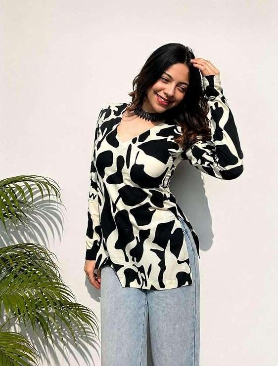 Image of Women Rayon Printed Short Kurti for Women | Floral V Neck Short Kurta Top | Full Sleeve Casual Kurti for Girls & Women
