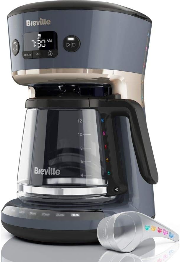 Breville Mostra Easy Measure Filter Coffee Machine | 12 Cup Programmable Coffee Maker | 1.8L Jug | Built-In Water Filter | Freshness Indicator | Delay Timer | Grey & Gold | VCF114