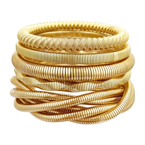 YBMYCM 5PCS Gold Bangles Bracelets for Women Chunky Stretch Bracelet Set Stainless Steel Chain Flexible Wide Wristband Bangle Stackable Layered Bracelets Gift Jewelry