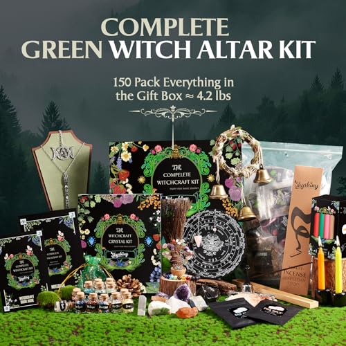 SHYSHINY Witchcraft Supplies Kit, 150Pack Wiccan Supplies and Tools Witchy Gifts for Beginners, Dried Herbs, Crystals, Candles, Green Witch Altar Starter Spell