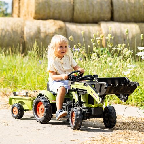 Falk Claas Kinder-Baggerlader mit Anhänger & Hupe I Pedaltraktor Arion 410 Replik I ab 2 Jahren I Outdoor Spielzeug für Jungen & Mädchen