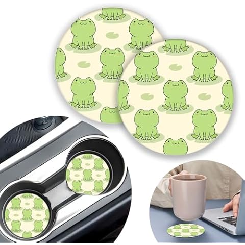 2 Pack Cute Green Frog Car Coasters,2.75 Inch Car Cup Holder,Universal Rubber Anti-Slip Automotive Drink Soft Cup Mat,Car Interior Accessories for Women Men and Girls Cover