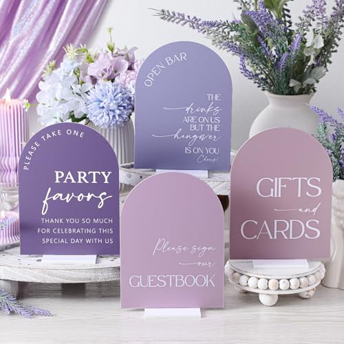 Weysat 4pcs Acrylic Wedding Signs for Ceremony and Reception, 5x7 Inch Lavender Purple Wedding Signage Decor with Stand, Guest Book, Cards and Gifts, Open Bar, Favor Signs for Marriage Ceremony
