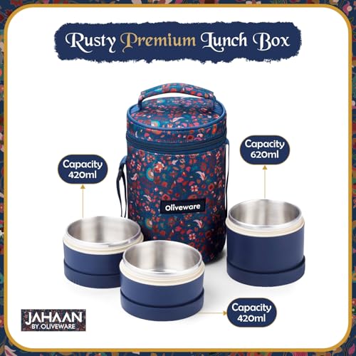 Image of oliveware Rusty Lunch Box | 2x420ml + 1x600ml Stainless Steel Containers | Leak-Proof, Insulated, BPA-Free, Microwave-Safe | with Premium Carry Bag | Ideal for Office, School & Travel (Blue)
