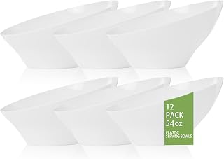 BUCLA 12-Pack 54oz White Plastic Angled Serving Bowls - Disposable Salad Fruit Chip Candy Bowls for Parties Weddings