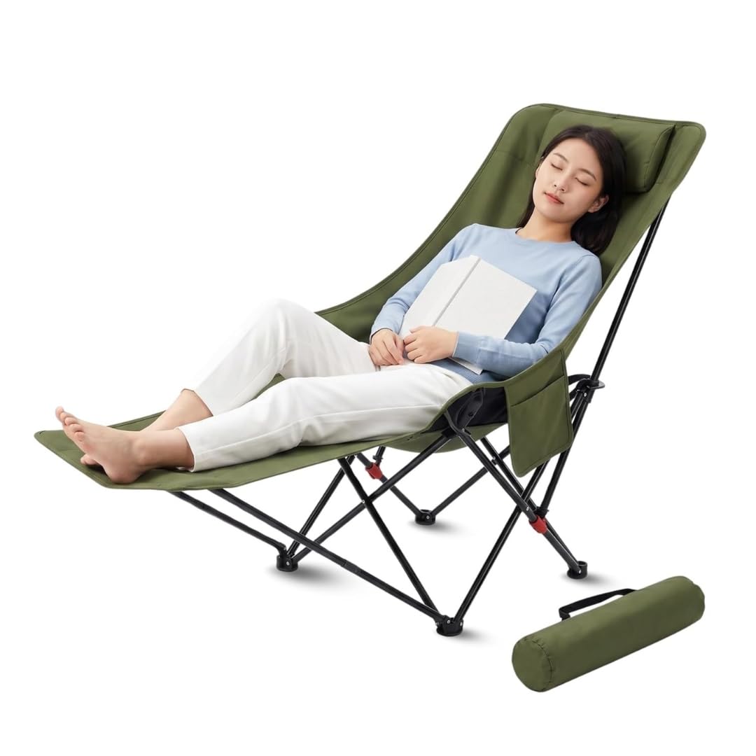 Folding Reclining Lounge Chair with Adjustable Backrest, Metal Frame and Fabric Seat, Portable Outdoor Camping Patio Chair with Carry Bag