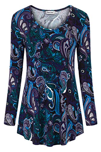 Tencole Long Sleeve Floral Shirts For Women, Petite Womens Rayon Peacock Print Graphic Tops Crewneck Long Comfy Tees Soft Modern Boho Blouses Retro Form Fitting Outfits Home Wear Purple Large #TOP10
