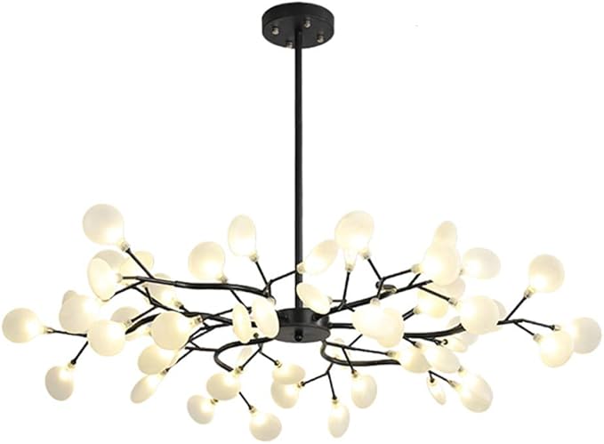 AYMAYA Zwart Tijdens Lichte Tak Verstelbare Hoogte Plafond Verlichting Industriële Vintage Voor Keuken Eetverlichting,Moderne Spoetnik Firefly Kroonluchter-Zwart en mat wit glas lampenkap 54 hoofd