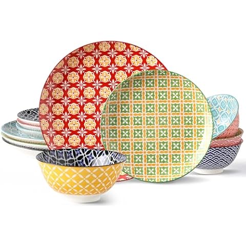 Metahom Ceramic Dinnerware Sets for 4, 12 Pieces Plates and Bowls Set with Vibrant Color, Stoneware Dishes Set, Dishwasher & Microwave Safe Cover