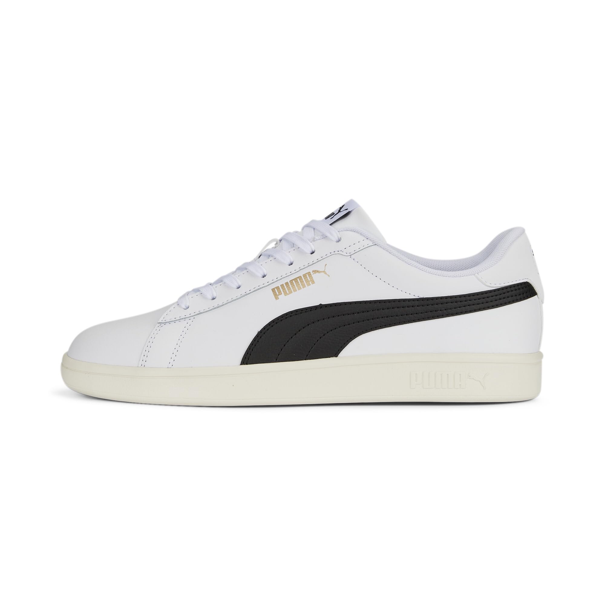 PUMA Mens Smash 3.0 Leather Sneaker, PUMA Mens White-PUMA Mens Black-PUMA Mens Gold-Frosted Ivory, 9