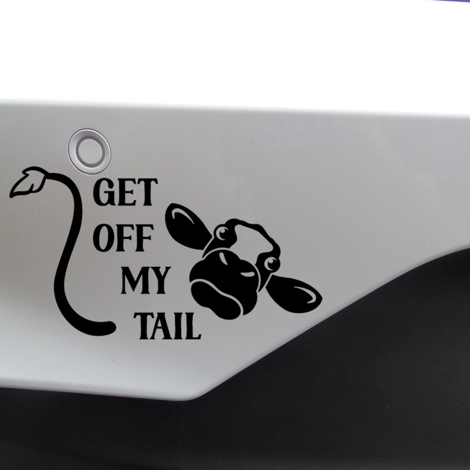 Hatcherabilia Black Get Off My Tail Cow Funny Car Bumper Sticker - Wall Decal - Cute - Window - Van - Caravan - Motorhome - Campervan (Black)