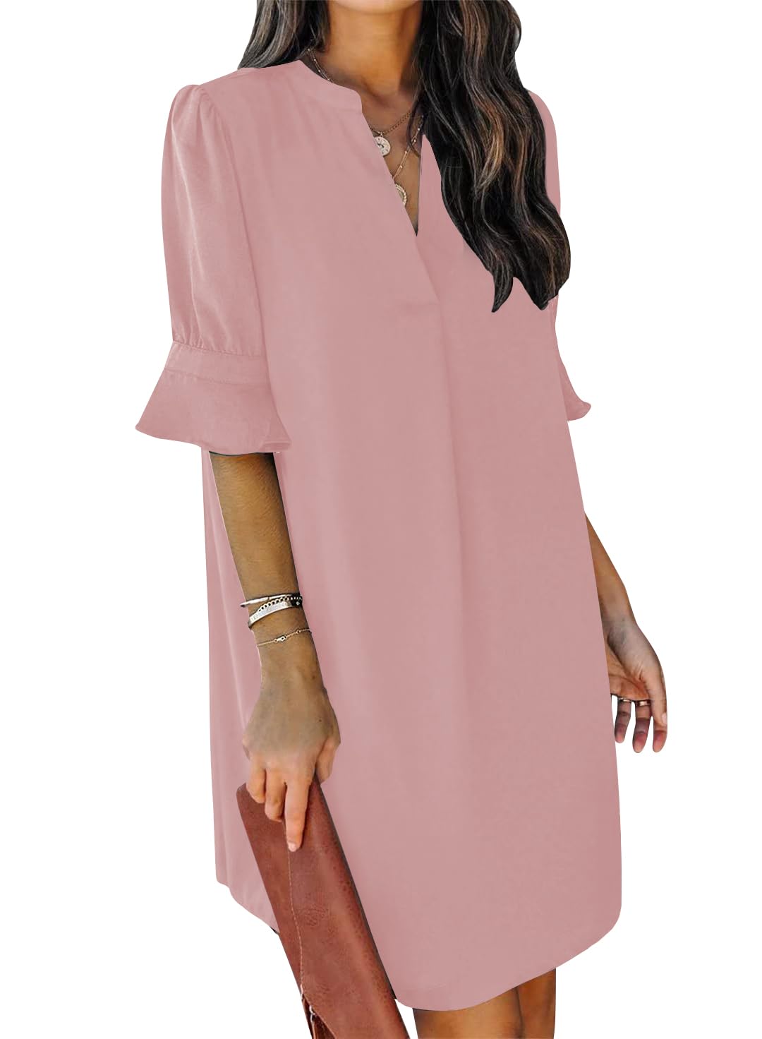 QACOHU Summer Dresses for Women V Neck Ruffle Short Sleeve Casual Shift Dress