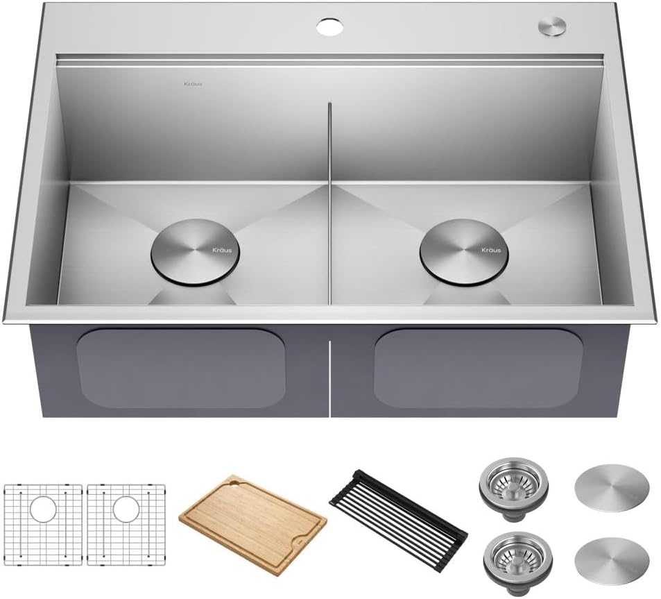 Kore 30-Inch Drop In/Top Mount Workstation 16 Gauge 50/50 Double Bowl Stainless Steel Kitchen Sink with Accessories, KWT302-30