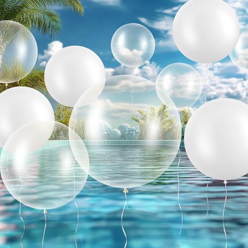 Image of Gejoy 24 Pcs Pool Giant Balloons 36 /24 /18 Inch Jumbo Large Big Latex Balloons Bulk with Ribbon for Pool Decorations Garland Arch Wedding Birthday Supply, Needs to Be Filled with Helium(White)