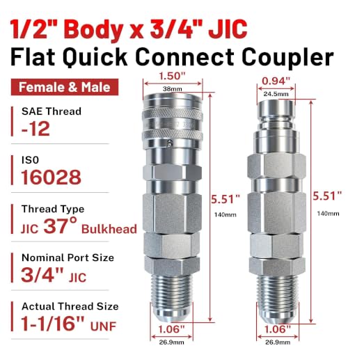 Image of Flat Face Hydraulic Quick Coupler,#12-3 /4 inchJIC,1 /2 inchBody,Fit for Bobcat 7753 773 863 873 963