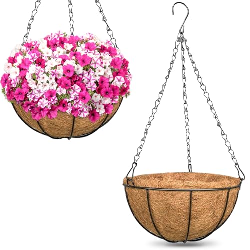 ZeeDix Outdoor Hanging Baskets, 2 Pack 12 Inch Metal Round Wire Hanging Planter with Coconut Liners...