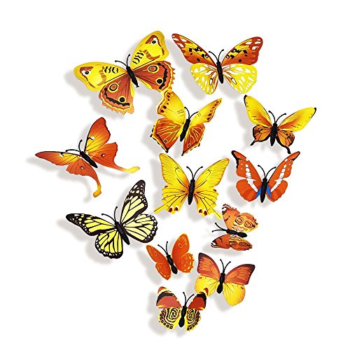 Image of Pindia 12 Pcs 3D Metal Butterfly Wall Stickers for Home Party Wedding Decor (Yellow)
