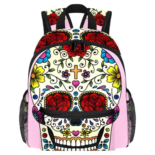 Sac à dos imprimé tête de mort et roses avec poches latérales