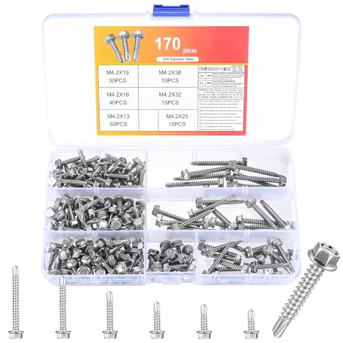 170 PcsTornillos Autotaladrantes, M4.2 Tornillos Roscachapas, Tornillos Autorroscantes para Metal, Tornillo Roscachapa Hexagonal Acero Inox 304 para Tejado Chapa Trapezoidal Chapas Metalicas