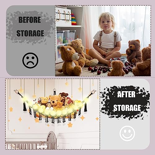 Image of CERETIA Stuffed Animal Hammock with LED Light, Large Stuffed Animals Storage Corner Plushie Net for Kids Room Decor, Black