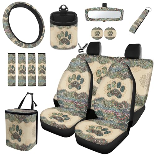 gearider Dog Paw Car Front Back Seat Covers Full Set Include Keychain/Rearview Mirror Cover/Coasters/Trash Can/Steering Wheel Cover/Seat Belt Covers/Air Vent Pocket Mandala Car Interior Decor