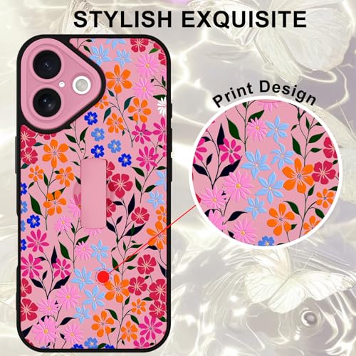 Image of for iPhone 16 Case with Finger Strap Holder, Cute Colorful Floral Flower Print Pattern Design for Women Girls, Shockproof Anti Scratch Hand Kickstand Protective Cover, Pink