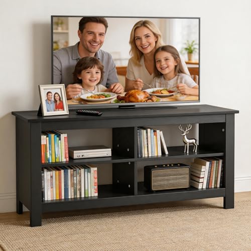 Image of Gyger 43 Inches TV Stand,Mid Century Modern Entertainment Center with 4 Open Shelves Farmhouse TV Media Console Table for Living Room,Bedroom,Television Stand up to 50 Inches(Black)