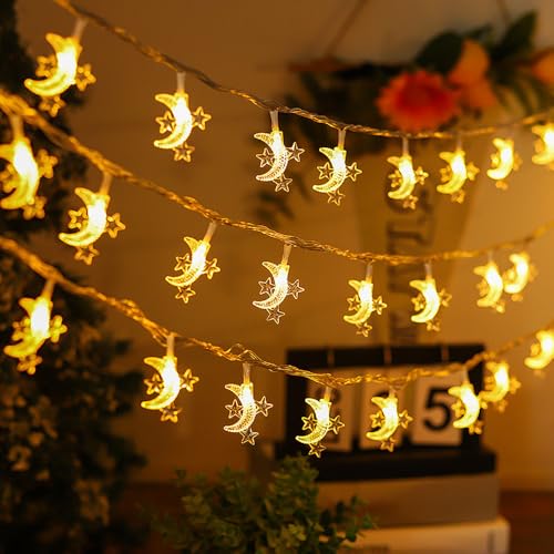 Satiskid Warm White Moon & Star String Lights, 10m 80 LED Battery Powered Fairy Lights for Valentine's Day Wedding Mother's Day Anniversary Christmas Decor, Indoor Outdoor Decorative String Lights