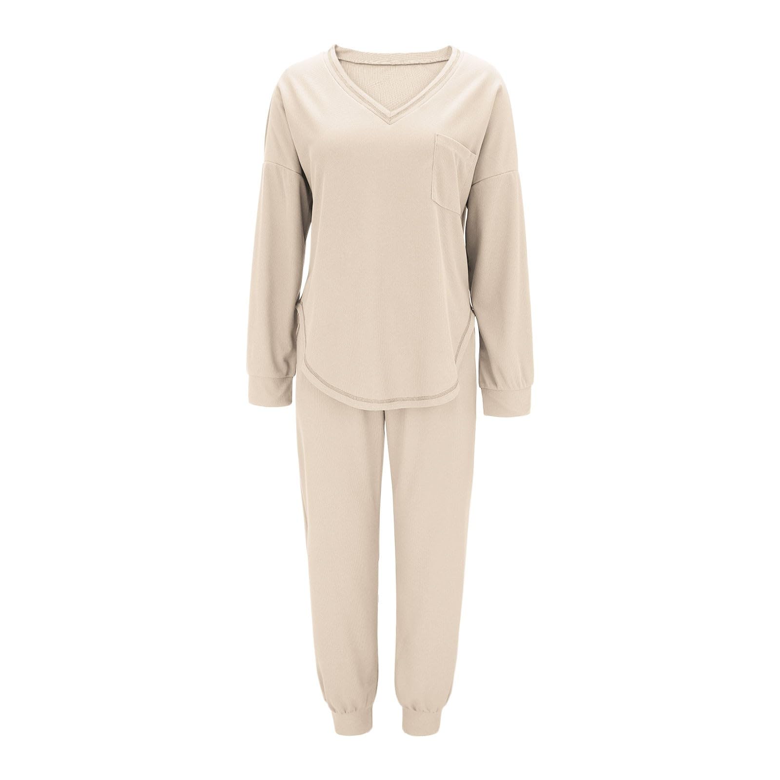 Ensemble 2 pièces à manches longues pour femme, taille S à 2XL, combinaison légère en tricot gaufré | Pantalon d'intérieur pour femme - Coupe ample - Col en V - Avec poche de poitrine - Couleur unie