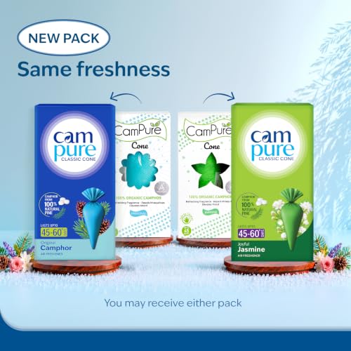 Image of CamPure Camphor Cone (1 Original + 1 Jasmine) Pack Of 2-100% Organic | Air Freshener For Car, Wardrobe, Office Cabin's, Drawers, Travel Bag & Bathroom