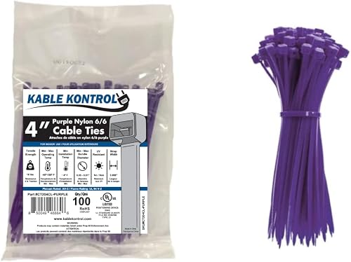 Kable Kontrol Purple Cable Ties, 100 mm x 2.5 mm, Pack of 100, 4'' Premium Nylon Zip Ties, Multi-Purpose Plastic Tie Wraps, Secure Self-Locking Mechanism, for Home, Garden, Office and DIY