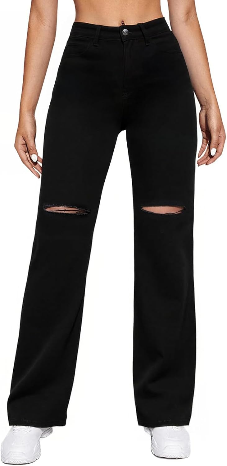 Womens Straight Wide Leg Jeans Stretch High Waisted Ripped Baggy Jeans Y2K Boyfriend Distressed Loose Denim Pants - Image 2