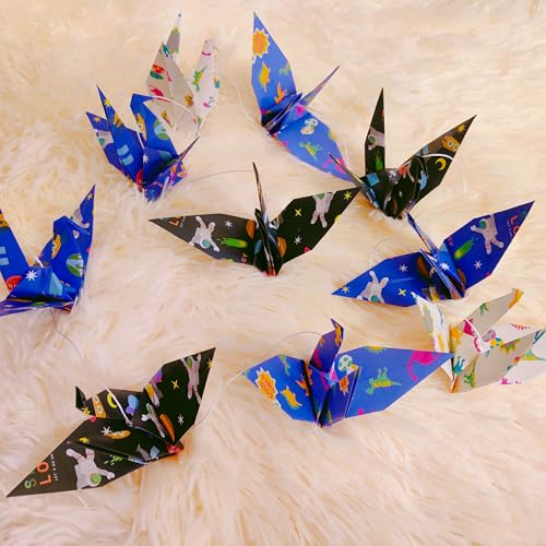 Image of Space Dinosaur Crane Paper Hanging Garlands(3stringsX 5.2ft), Colorful Planet and Animal Origami Birds Streamers for Baby Shower Birthday Party Supplies Boy Bedroom Garden Hanging Decor