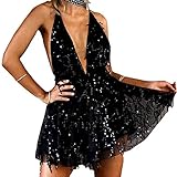 WERIDEDIRT Sequin Backless Casual Tassel Summer Beach Mini Club Party Dress for Women (Black, M)
