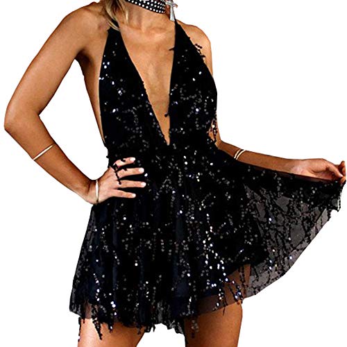 WERIDEDIRT Sequin Backless Casual Tassel Summer Beach Mini Club Party Dress for Women (Black, M)