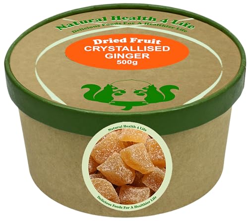 Natural Health 4 Life Crystallised Ginger Chunks 500g - All Natural, Vegan, Gluten-Free, Plant-Based Ginger Sweets for Nausea, Digestion, Baking, Cooking & Snacking - Resealable Kraft Paper Tub.