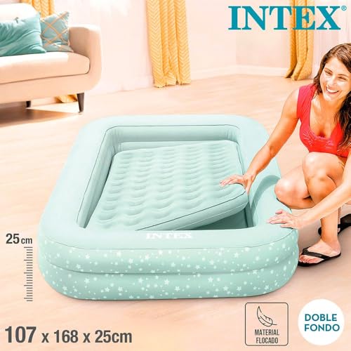 INTEX KidzTravel Luftbett für Kinder ab 3-6 Jahren (71×132×10 cm) – Kinder Reisebett aufbalsbar mit Umrandung inkl. Luftpumpe Gästebett Beistellbett, Mintgrün mit Sternenmotiv