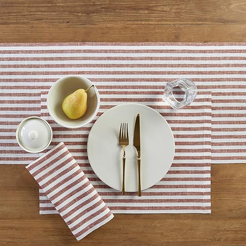 Image of Solino Home 100% Linen Placemats, 14 x 19 in, Cinnamon Striped, Set of 4 | Amalfi Stripe, protect and style the table setting, woven stripe, European flax fibres, low iron finish, OEKO-TEX Certified