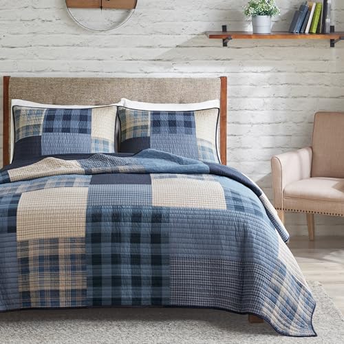 Woolrich Reversible Cotton Quilt Set - Cottage Styling Reversed to Solid Color, All Season Patchwork Lightweight Coverlet, Matching Shams, Winter Hills, Oversized Twin/Twin XL, Blue 2 Piece by Woolrich John Rich & Bros. - Used condition - US$57.78