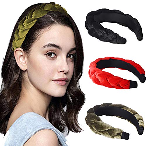 90s Vintage Velvet Thick Braids Headband For Women Girls Daily Party, Wide Padded Headbands By Hand Made, Hair Bands Twist Knotted Hairbands Hair Hoop For Wedding Cocktail