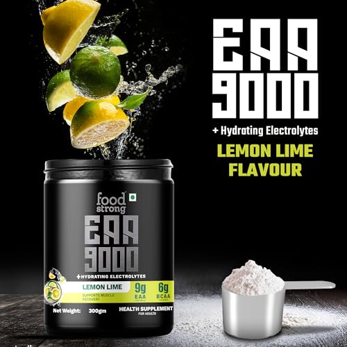 Image of Foodstrong EAA 9000 with Hydrating Electrolytes, Lemon Lime Flavour, 9g Essential Amino Acids (EAA) & 6g BCAA Per Serving - Supports Muscle Recovery & Rehydration - 300g, 25 Servings