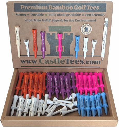 Castle Tees Official Mixed Driver Tees Box – 50 pcs x Various Driver Tee Heights Orange Purple Pink Blue White Premium Strong Bamboo Golf Tees Free Pitch Repair Tool, Ball Marker & Pencil Great Gift